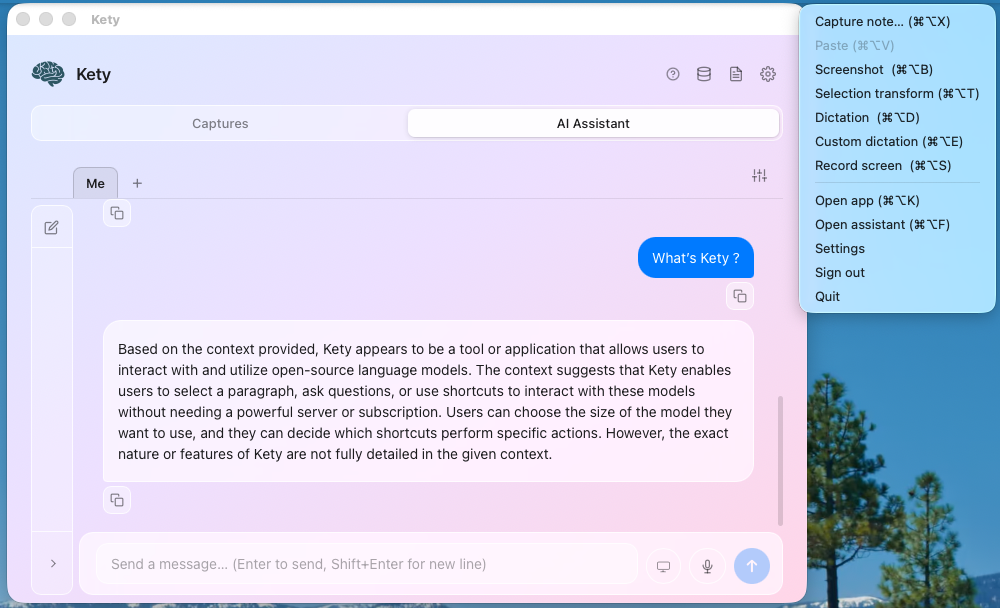 Kety's assistant answering a question about the user's own captures, with the menu bar list of shortcuts open beside it.
